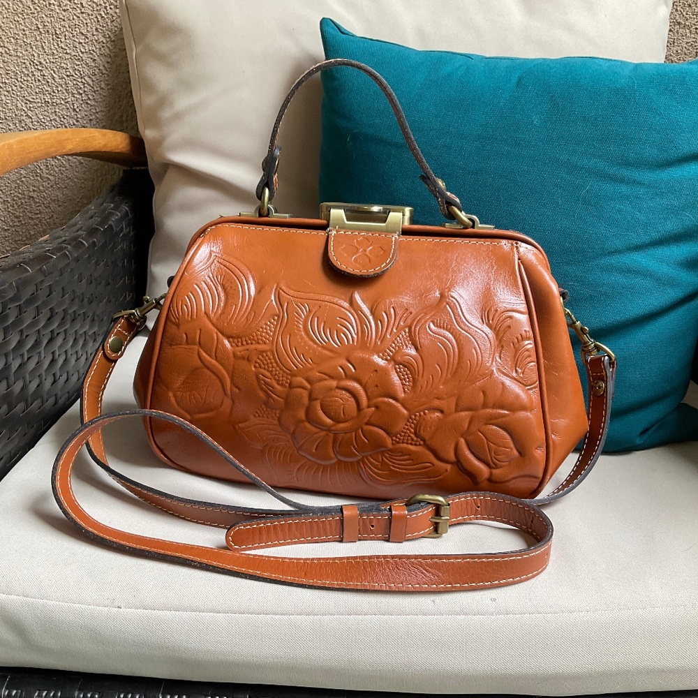 Patricia Nash Hand Tooled Tan Satchel Beautiful Condition with Cross Body Strap